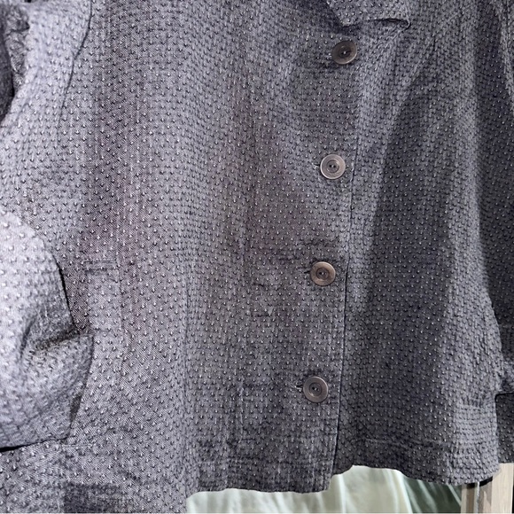 FLAX Linen Button Down Textured Dark Gray Jacket Lagenlook Blazer Pockets Large - Picture 5 of 13